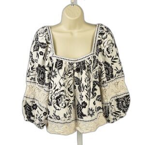 Christian Siriano Bohemian Hippie Chic Floral Blouse Lace Puff Sleeve Size L